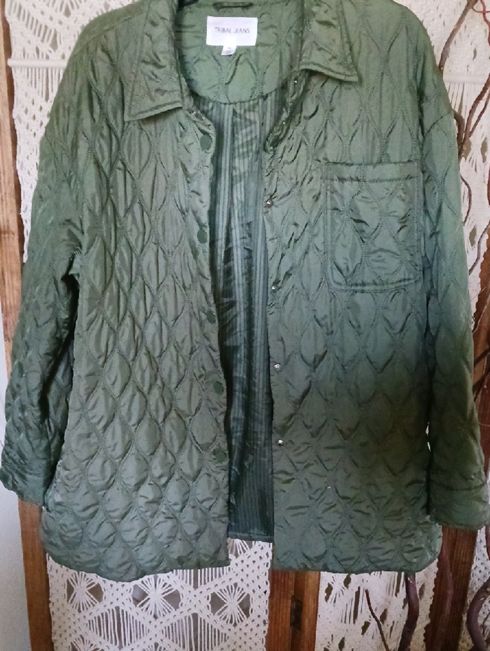 Tribal Olive Quilted Diamond-Pattern Puffer Jacket